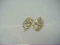 Vintage 50s Signed Hollywood Sparkling AB Diamante Enamel Bow Brooch 
