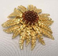 Vintage 60s Signed Sarah Cov Fabulous Gold Amber Glass Flower Brooch 