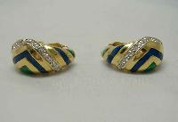 Vintage 80s Quality Blue Green Enamel Diamante Gold Clip on Earrings
