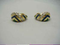 Vintage 80s Quality Blue Green Enamel Diamante Gold Clip on Earrings