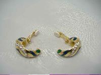 Vintage 80s Quality Blue Green Enamel Diamante Gold Clip on Earrings