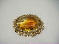 Vintage 1950s Huge Domed Amber Glass Diamante Gold Brooch