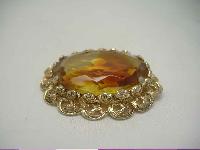 Vintage 1950s Huge Domed Amber Glass Diamante Gold Brooch