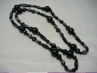 1950s Long Black & Grey Marble Lucite Bead Necklace WOW