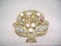 1950s Large AB Diamante Flower Basket Gold Brooch WOW