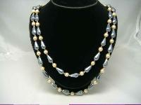 1950s Long 2 Row Grey & Cream Faux Pearl Bead Necklace