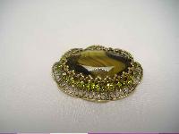 Vintage 50s Large Moss Green Agate Glass and Diamante Scallop Brooch